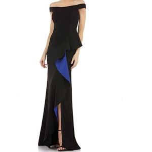 Carmen Marc Valvo Infusion Ruffle Off The Shoulder Gown, Black/Cobalt Size 2